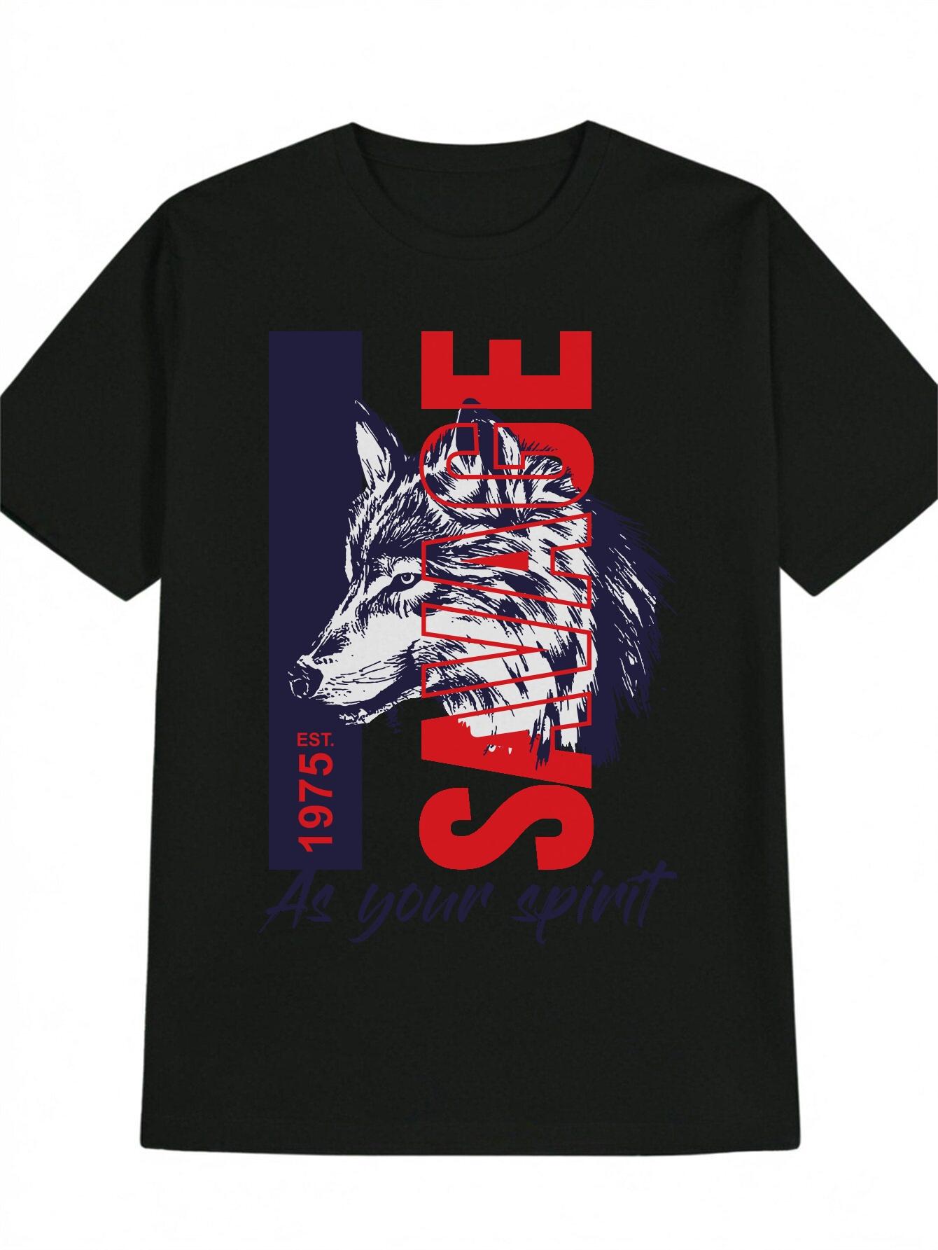 Casual Graphic T-shirt with Wolf Head & SWAVE Print - Black Round Neck Summer Tee L