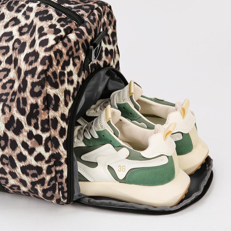 Large Capacity Leopard Print Travel Duffel Bag with Multiple Compartments, Shoe Compartment, Durable Nylon Casual Sports Gym Bag for Women