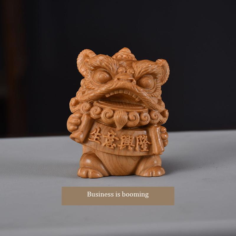 wood carving Chinese style cute little lion sculptures and figurines Mascot  Home, Room, Office, Car Wealth Luck Feng Shui Decor