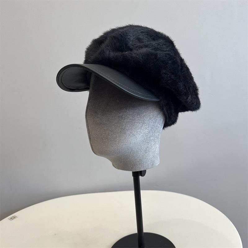 Imitation Mink Leather Brim Newsboy Hat Women's Autumn and Winter New Literary and Retro Fashion Duck Tongue Painter Hat