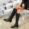 Vintage Women Slim Knee-High Boots Fashion Belt Buckle Shoes Autumn Low Heel Ladies Modern Long Booties