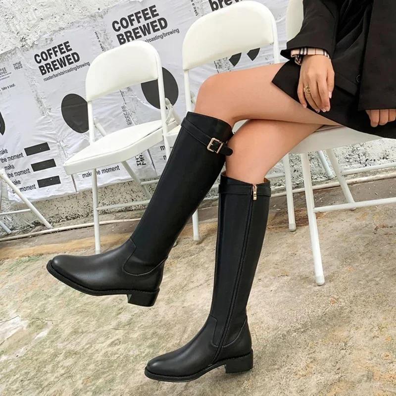 Vintage Women Slim Knee-High Boots Fashion Belt Buckle Shoes Autumn Low Heel Ladies Modern Long Booties