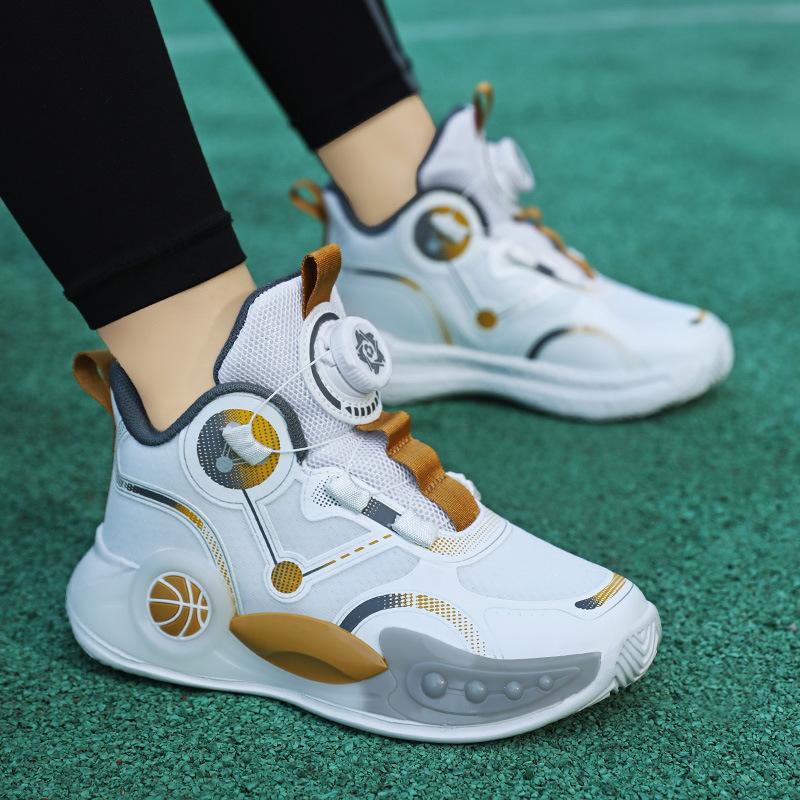 2025 new lace-free classmates Boys mesh breathable basketball shoes Middle and older children non-slip rotating buckle running shoes