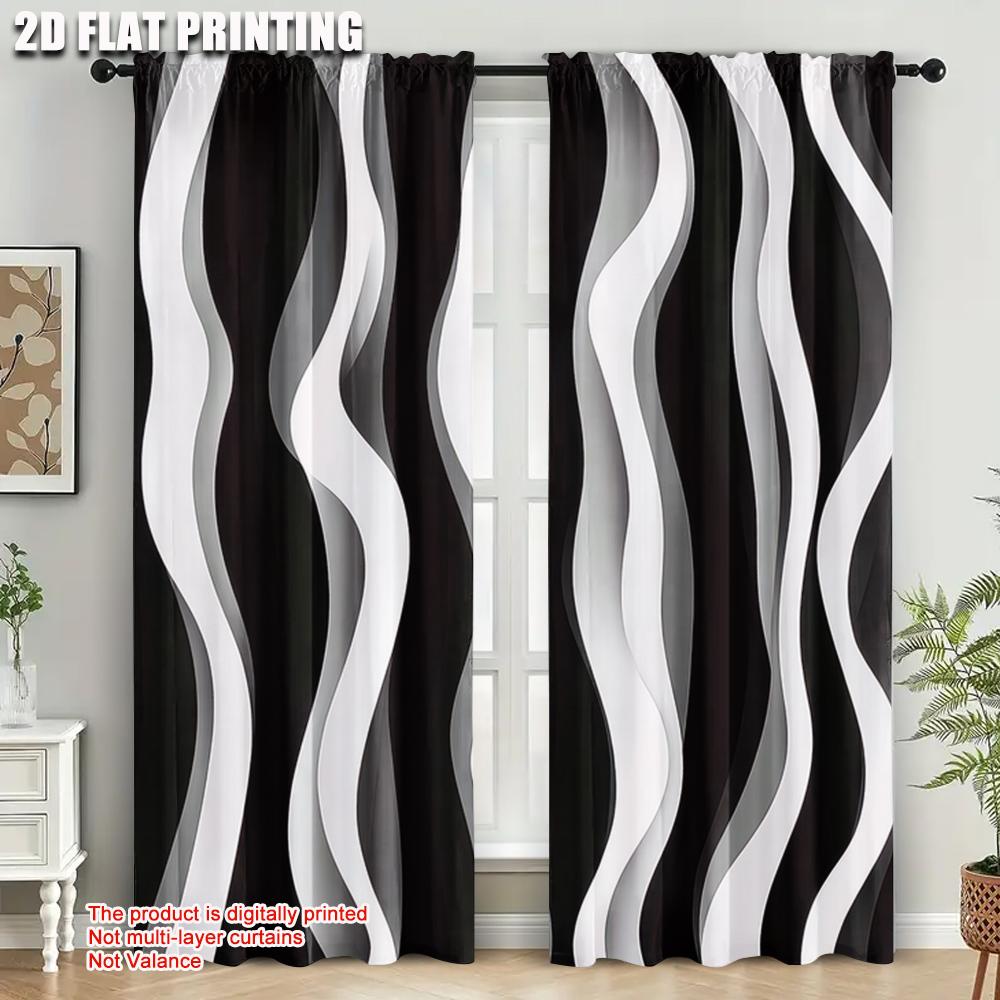 2Pcs Modern Abstract Art Black Striped Light-Filtering Curtain Polyester Drapes For Living Room Office Bedroom Home Decor