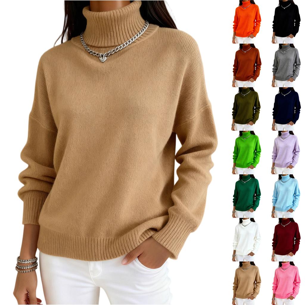 Women's Fashionable Color High Neck Long Sleeved Knitted Sweater Pullover Sweater Top