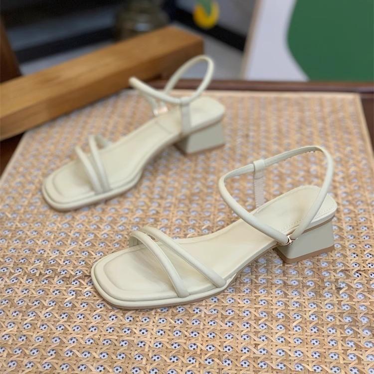 French Thick Heel Thin Strap Sandals Women's Summer 2025 New Fashionable Versatile Gentle One-word Strap with Skirt Sandals