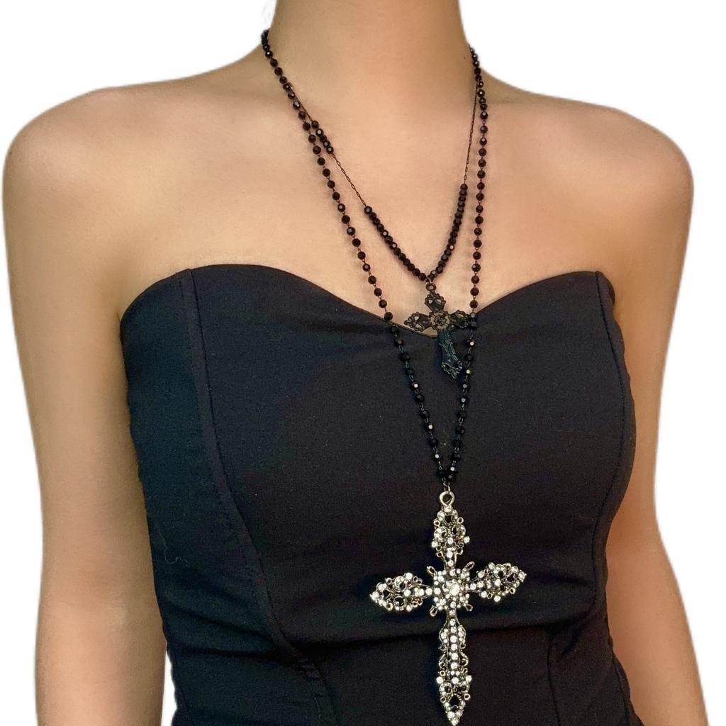 European and American Jewelry Gothic Cross Multi-layer Beaded Necklace Heavy Industry Versatile Medieval Niche Collarbone Chain Women