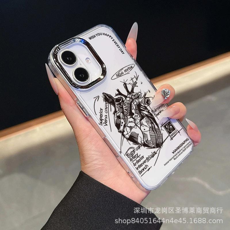 Sketch Heart for iPhone15promax Phone Case Apple 16 Electroplated Photo Frame 14/13 Protective Case 17
