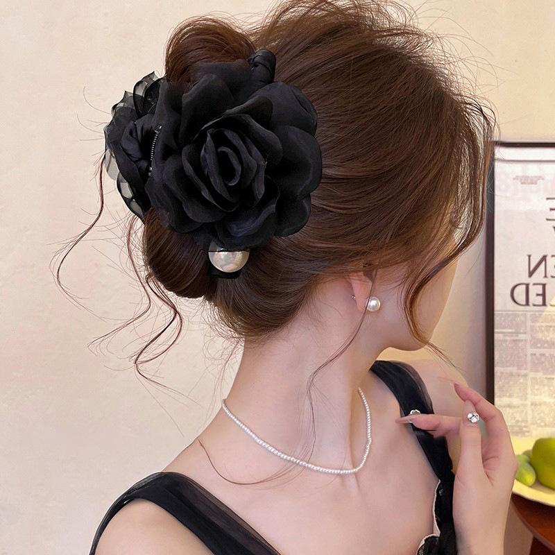 Acrylic Fabric Mesh Rose Pearl Hairpin Fashionable and Sweet Grab Clip Commuting Versatile Hair Accessories Headgear