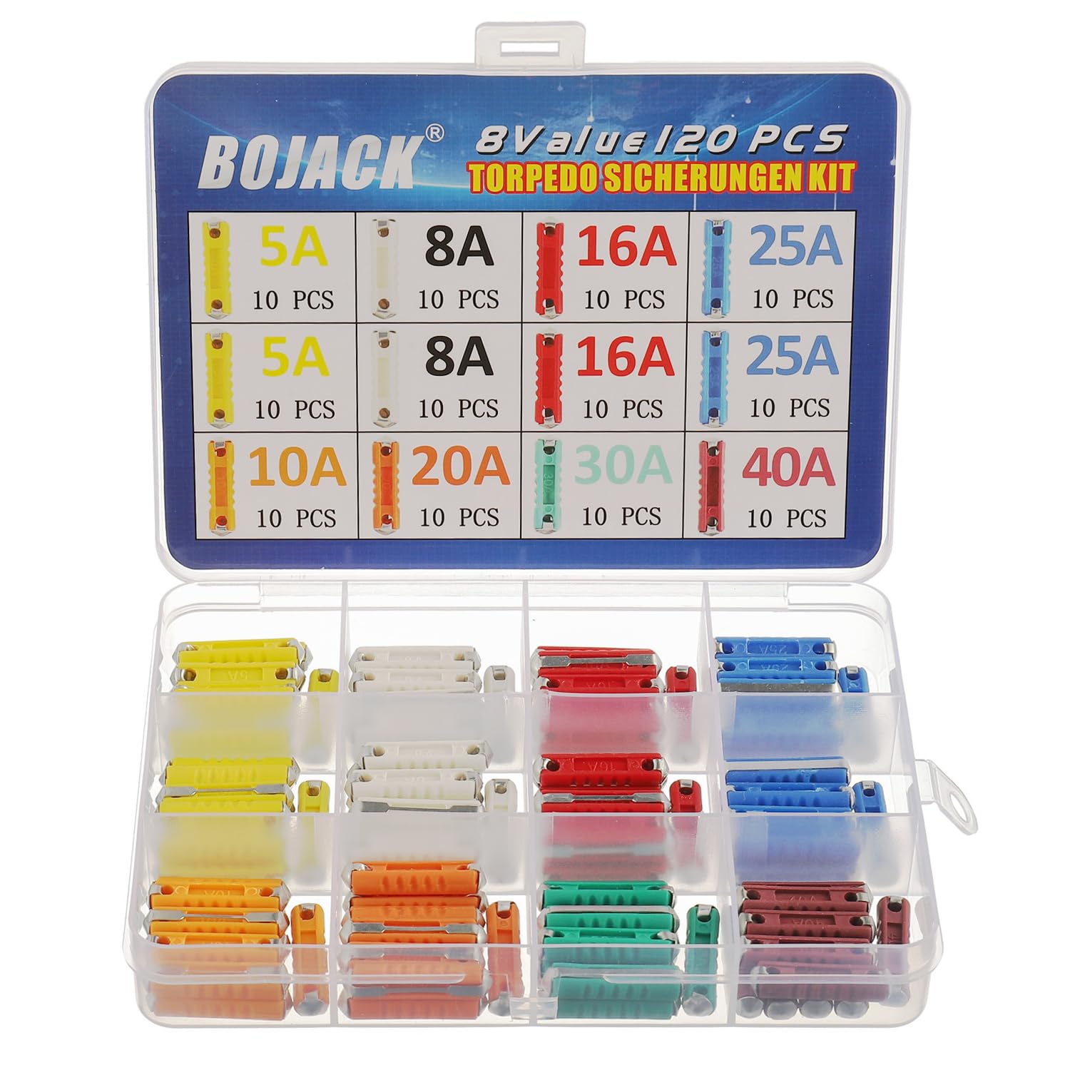 BOJACK 8 Types 120Pcs Torpedo Fuses Set Torpedo Shaped Fuses Automotive Fuse 5A 8A 10A 16A 20A 25A 30A 40A For Protect Automotive Circuits With A
