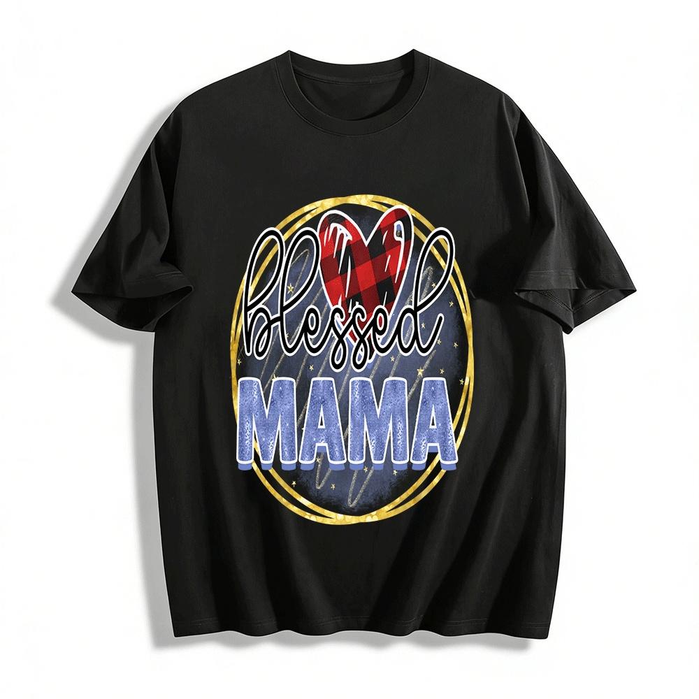 Blessed Mama Plaid Heart Sequin Print Casual Top Pure cotton T-shirt XXS