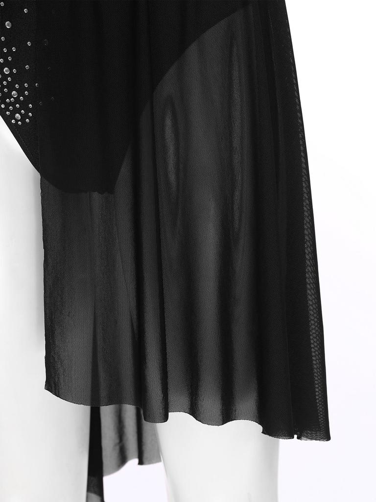 Damen Modern Dancewear Ein Schulter Crop Top Geraffte Mesh-Überlage Strass-Detail Geschlitzter Unregelmäßiger Saum Rock