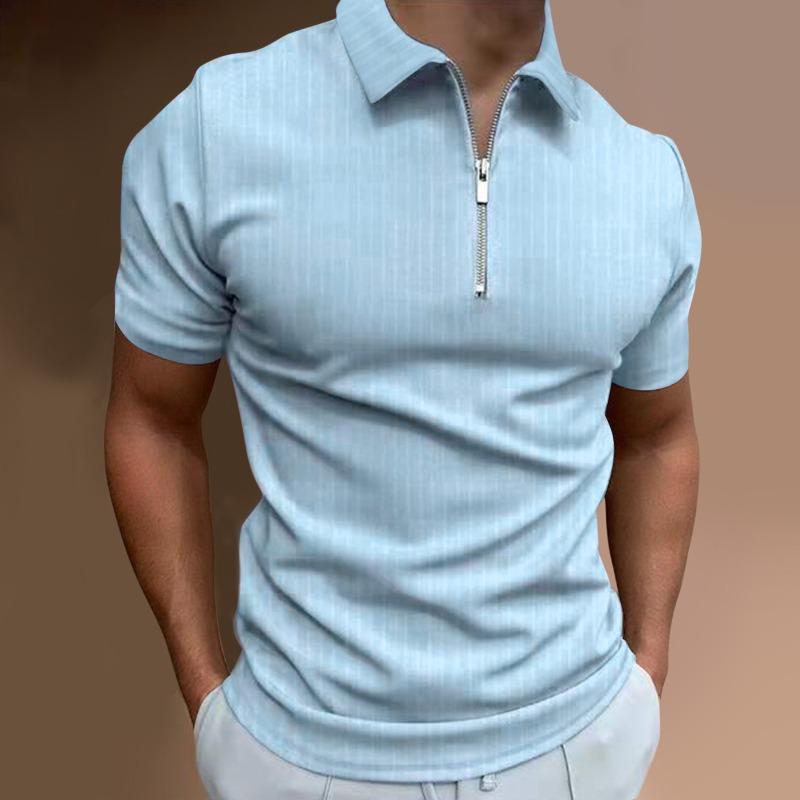 Summer Casual Slim Fit Short Sleeved Striped Zipper Lapel T-shirt Top Polo Shirt
