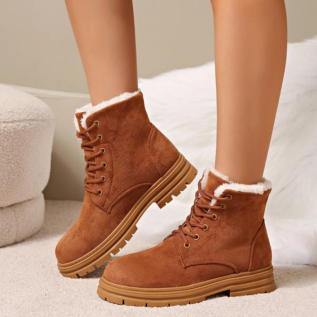 Fashion Women's Thicken Warm Long Plush Ankle Boots Winter 2024 Lace Up Square Heels Snow Boots Women Platform Motorcycle Botas Shoes 42