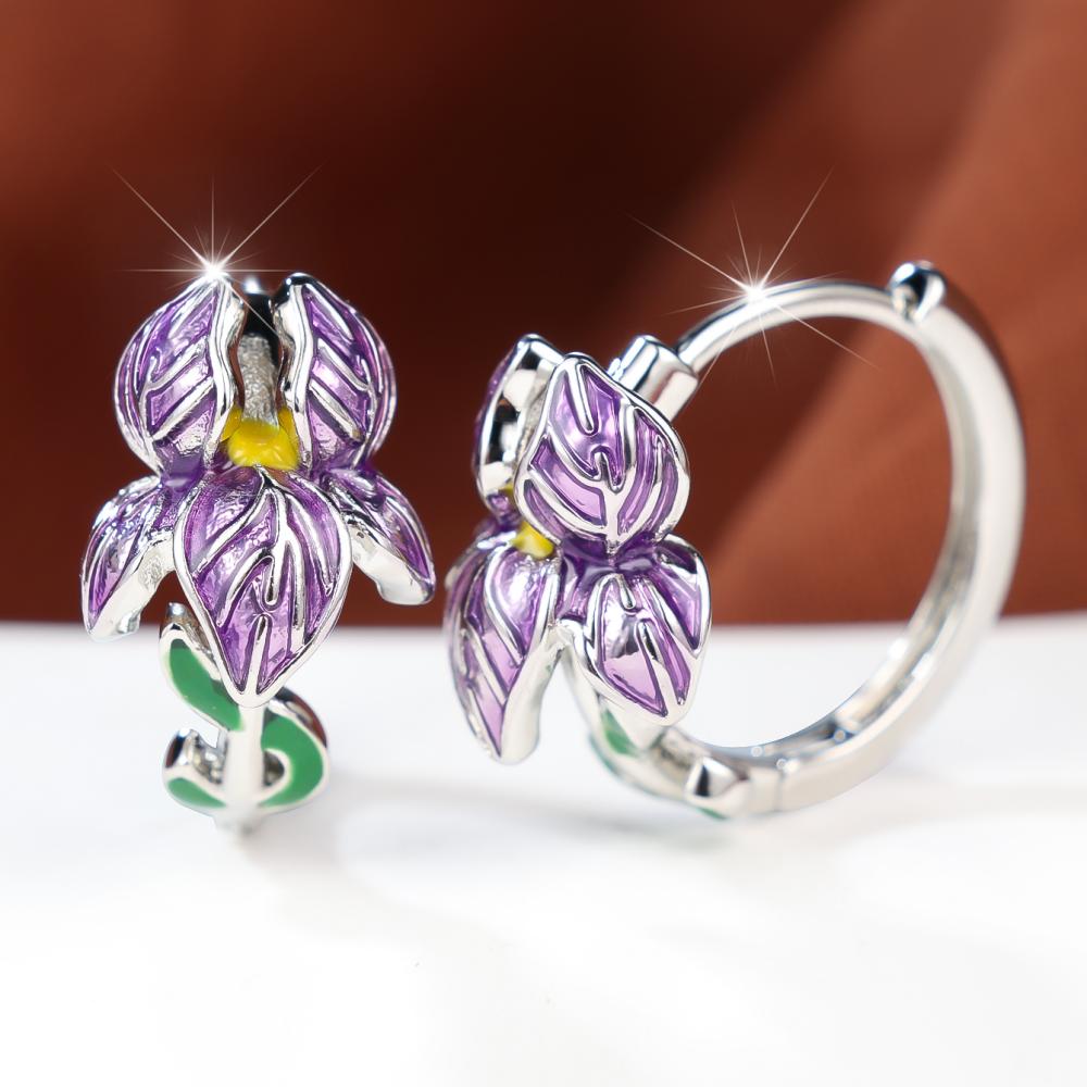 Charming Purple Enamel Iris Flower Huggie Earrings for Women Two Color Options Daily Wear and Party