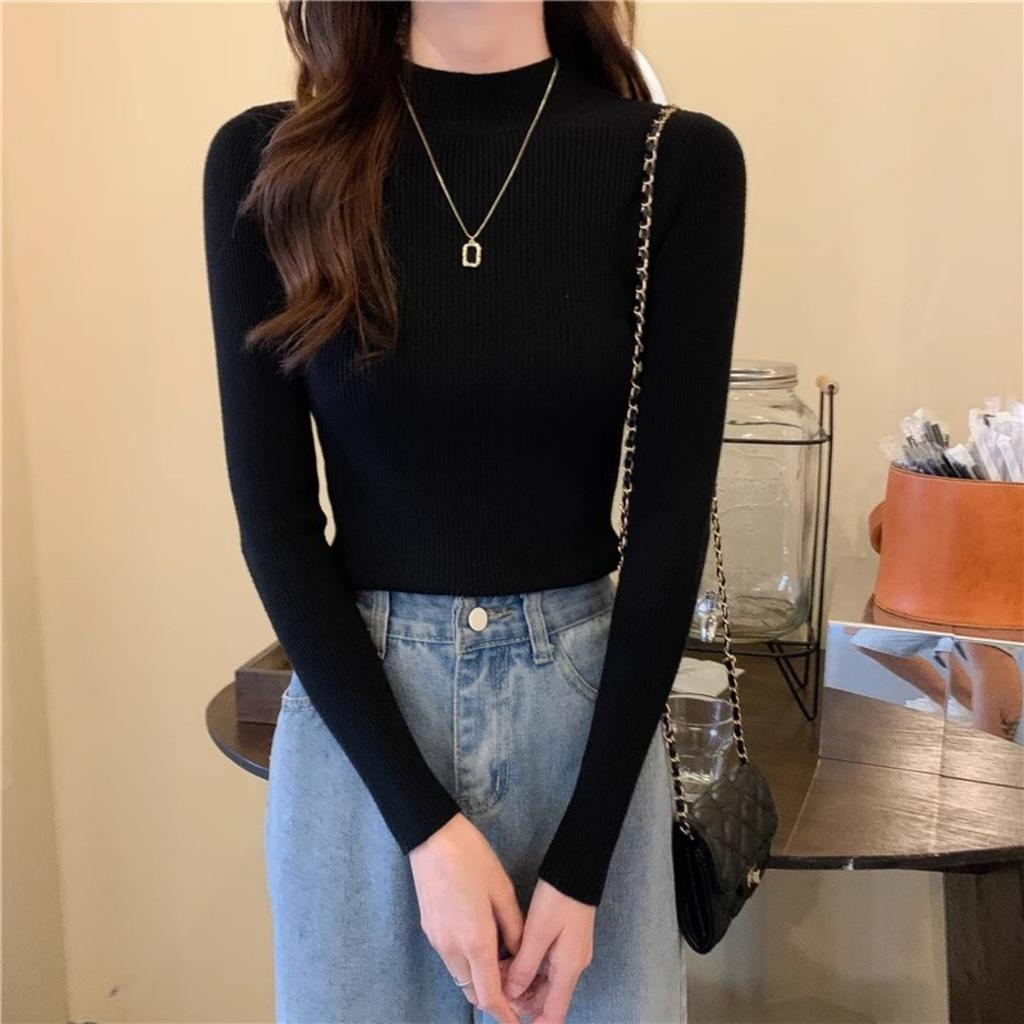 Spring and Autumn Winter Long Sleeve Sweater Women's Interior Tailored Bottom Shirt Half High Collar Korean Edition Knitted Shirt Women's Top