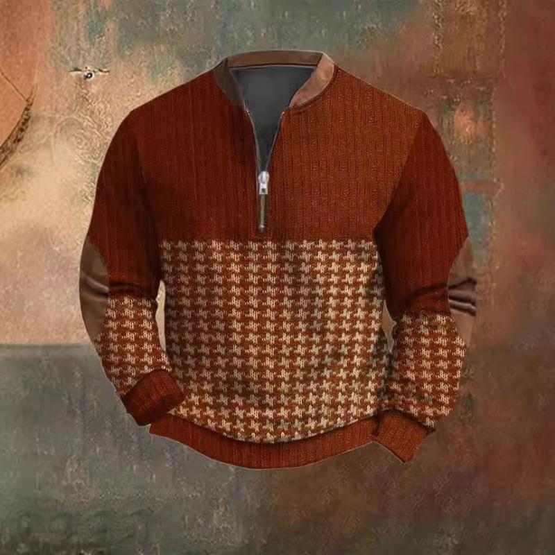 New European American Autumn Winter Men's Printed Half-zipper Sweatshirt Spliced Long-sleeved Casual Versatile Top