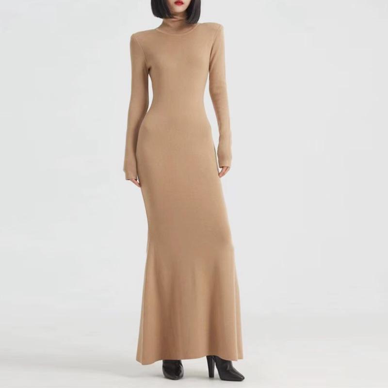 Soft, Gentle High-Neck Knitted Fishtail Sweater Dress with Long Sleeves