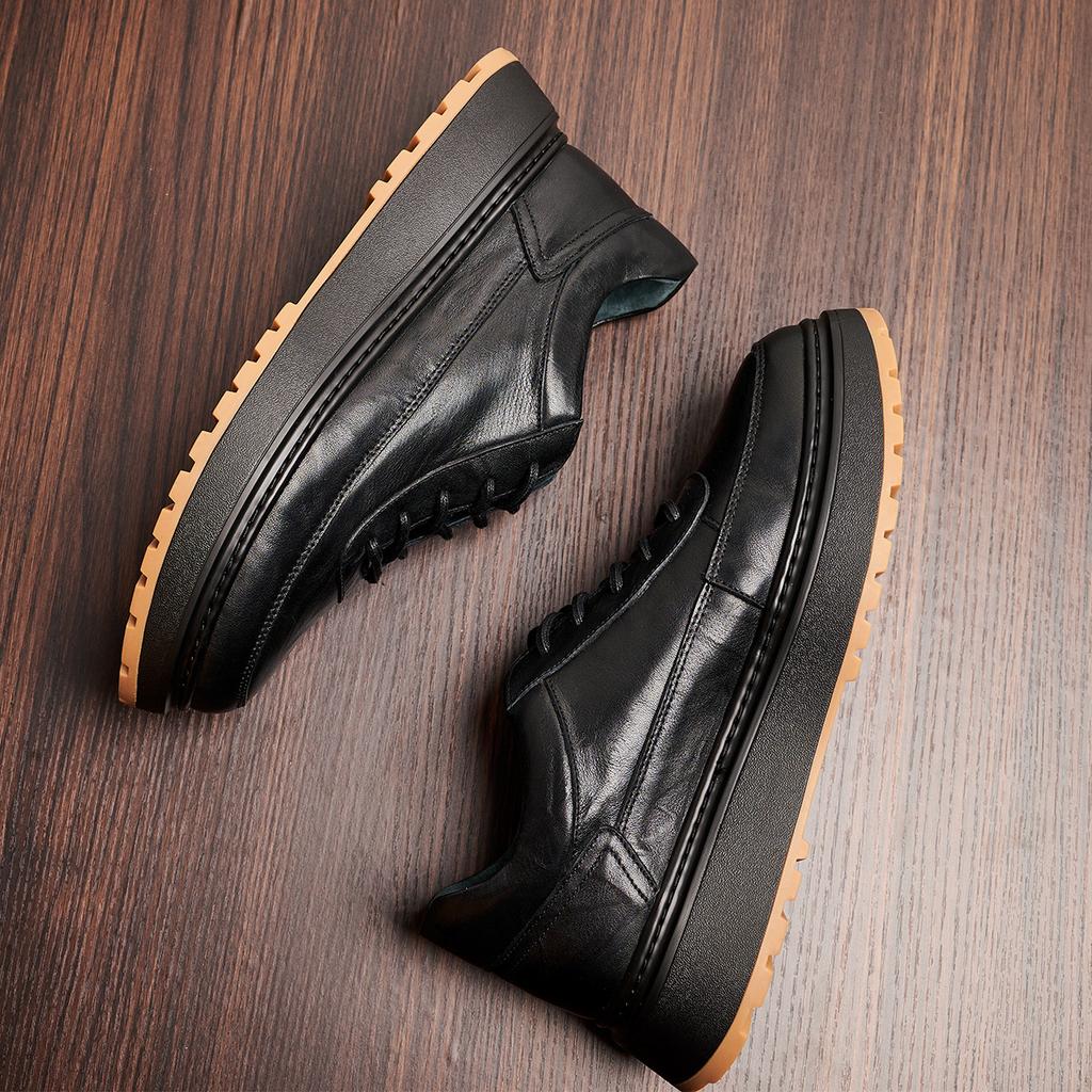 Bowei Leather British Style Business Men'S Shoes Leather Shoes Breathable Lace-Up Shoes Round Head Trend Thick Sole Breathable Leather Shoes