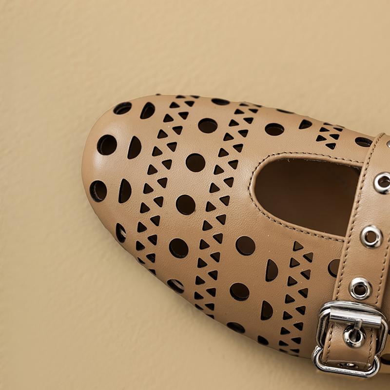 Fashion New women's cowhide round toe breathable belt buckle, low heel, large toe, Mueller slippers, perforated shoes 44 45 46 47 48
