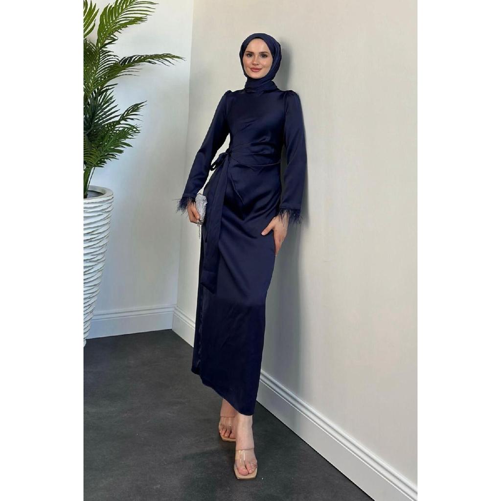 Satin Evening Dress With Sleeve Fringes, Oil Green