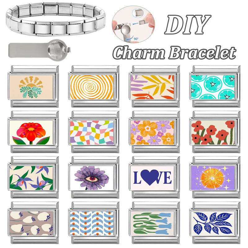 Trendy Colorful Flowers Butterfly Eye Orange Sun Italian Charm Bracelet Link Fit 9MM Stainless Steel DIY Making Beads Jewelry