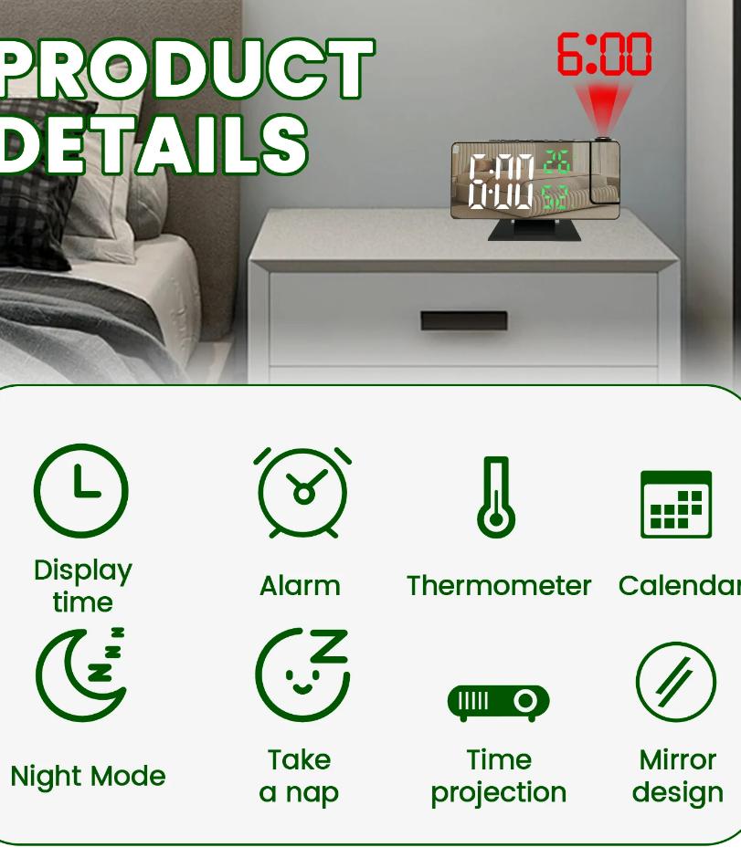 Projection Digital Alarm Clock 180 ° Arm Projection LED Alarm Clock Multifunctional USB Plug In Projector Desktop LED Clock