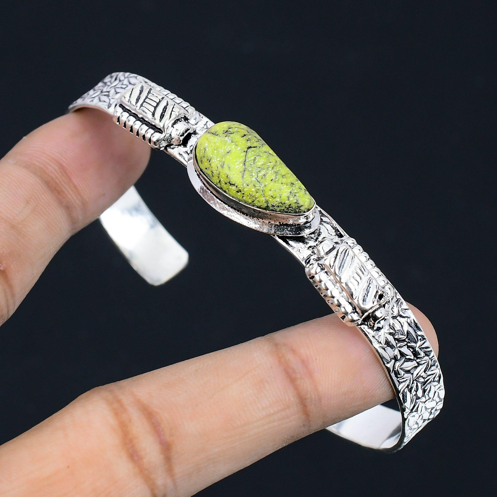 

Pear Atlantisite Stone 925 Sterling Silver Ethnic Sister Trendy Bangle Jewelry Adjustable
