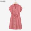ZANZEA Women Casual V-Neck Short Sleeve Plaid Print Dress