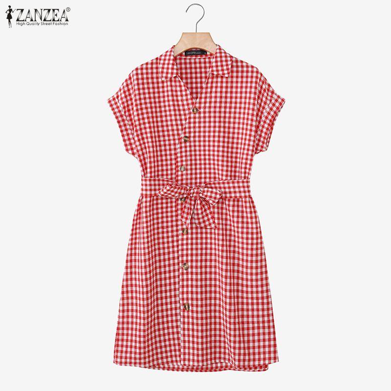 ZANZEA Women Casual V-Neck Short Sleeve Plaid Print Dress