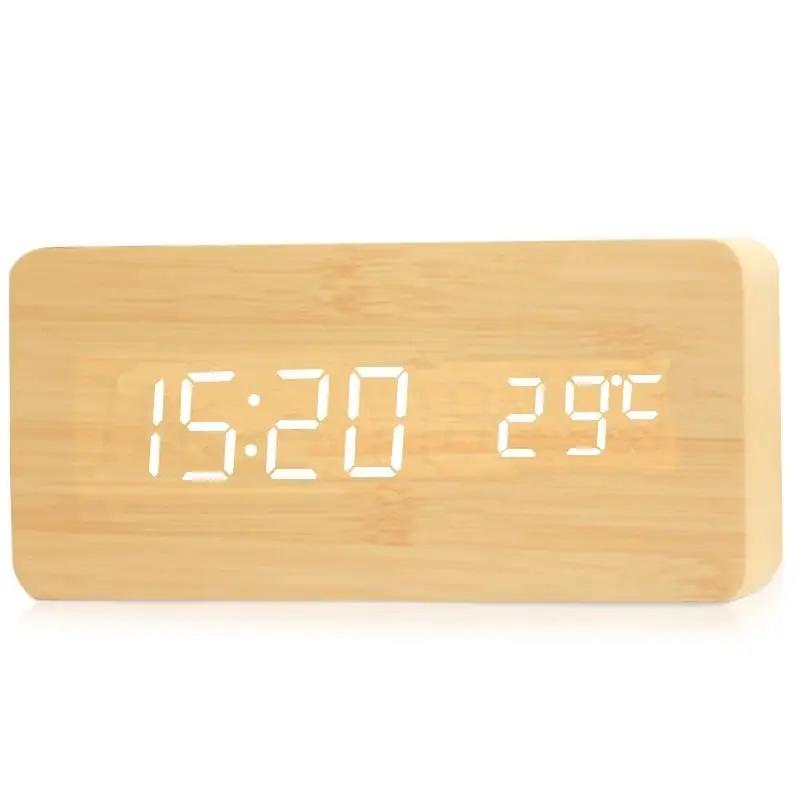 Voice Control Wooden Digital Clock Creative Multi-Functional LED Alarm with Temperature Display Modern Minimalist Home Decor