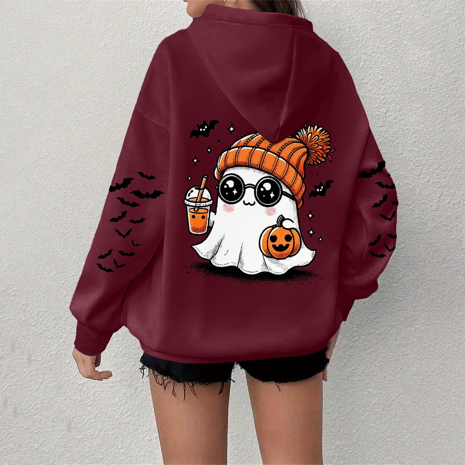 Halloween Hoodie for Women, Cute Print Sweatshirt with Pumpkin and Bats, Casual Oversized Pullover XXXL винный