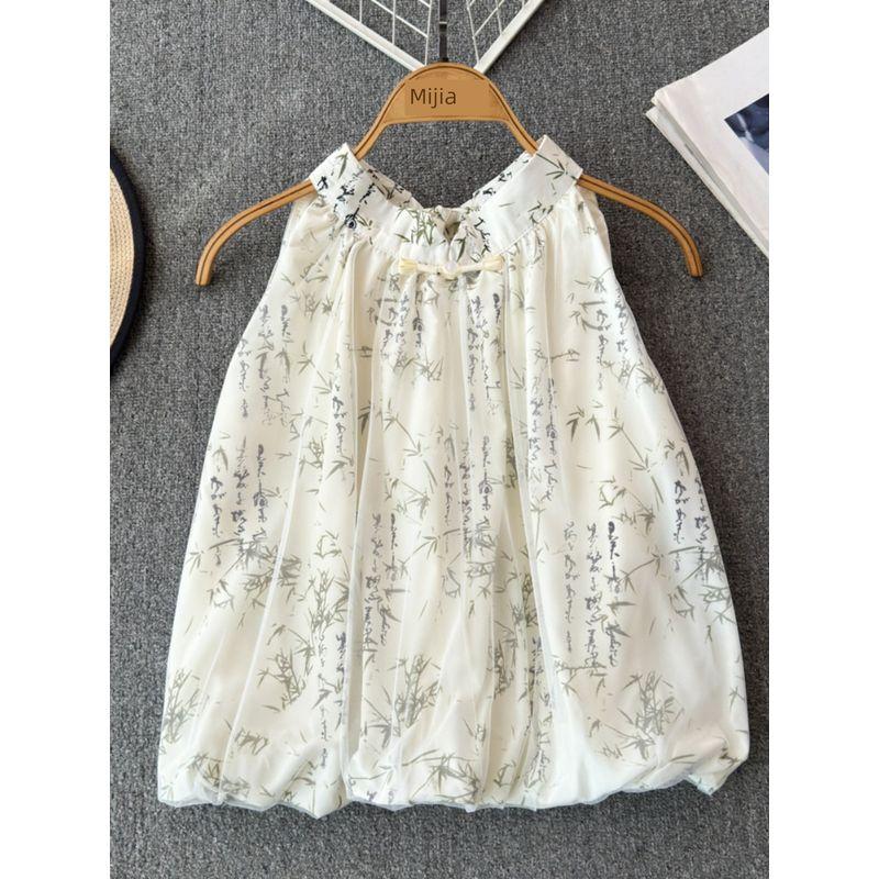 Graceful Bow Halter Lace-up Sleeveless Chiffon Blouses for Women Summer National Style Print Camisole Western Style Small Shirt