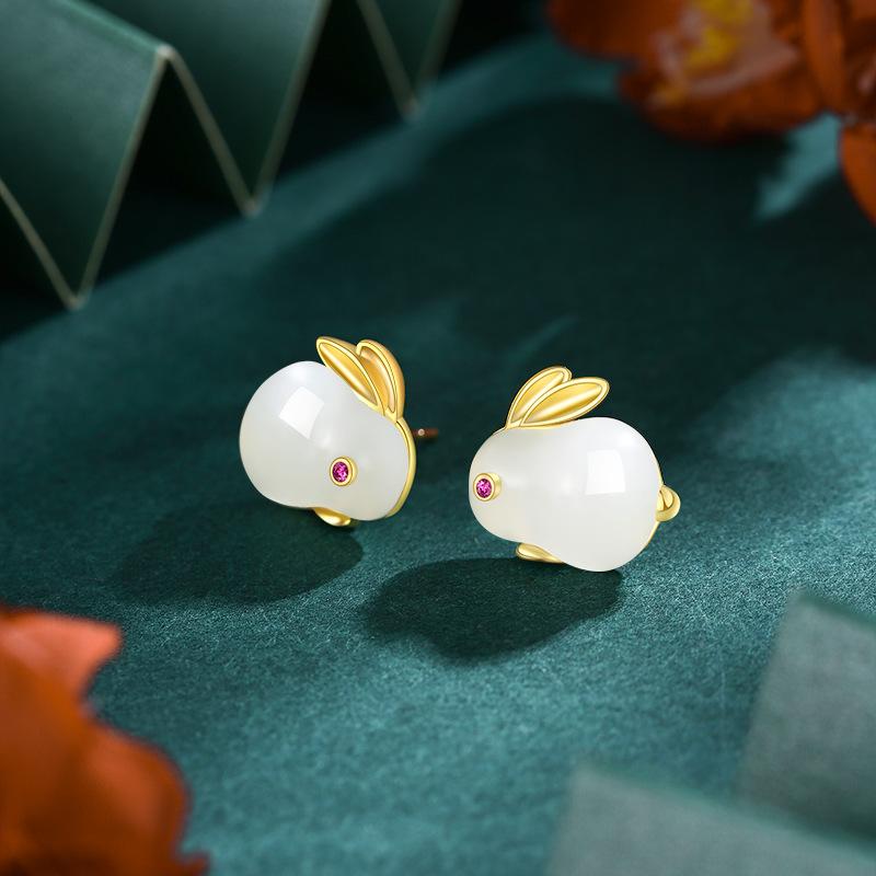 

Auspicious Jade Rabbit Stud Earrings Women s Retro Earrings National Style Earrings