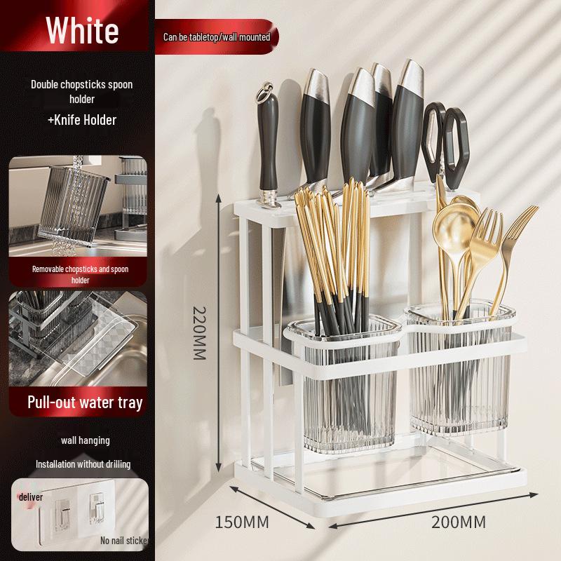 Wall-Mounted Multifunctional Cutlery Rack: Integrated Chopstick Holder & Knife Organizer with Drainer
