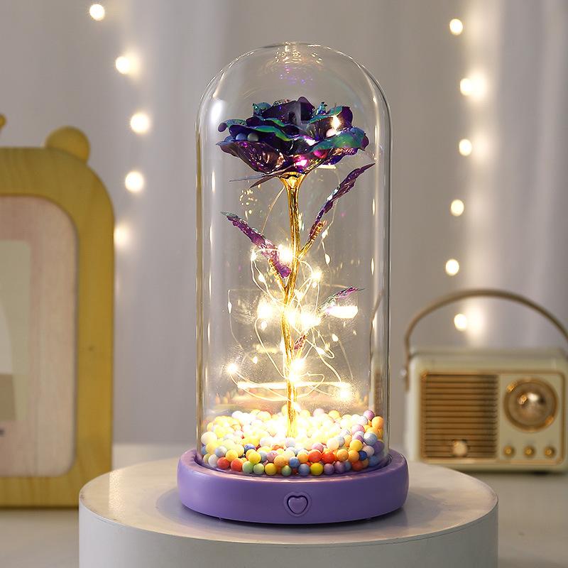 Gold Rose Glass Cover Ornament with Light Music To Send Valentine's Day Women's Day Immortal Flower Creative Gift