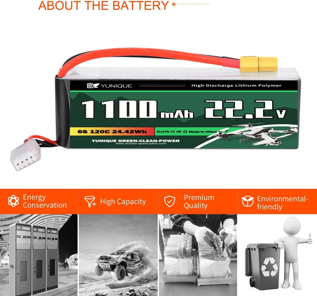 Lipo Battery 6S 22.2V 1100mAh 120C with XT60 Connector – High Power for RC Models – Soft Case, Silicone Wire