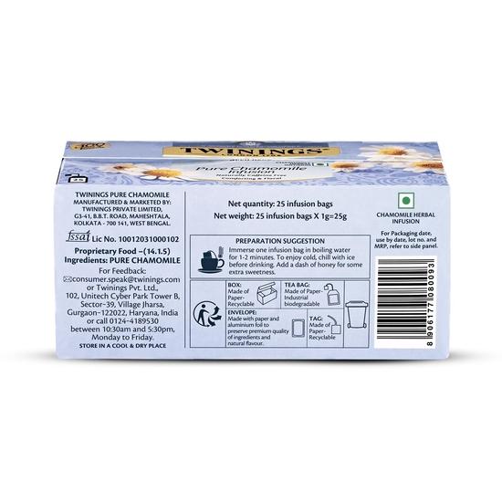 Twinings Pure Chamomile Tea, 25 Tea Bags| Caffeine-Free| Flower Based Infusion| Relieves Anxiety| Promotes Good Sleep | Pack of 1