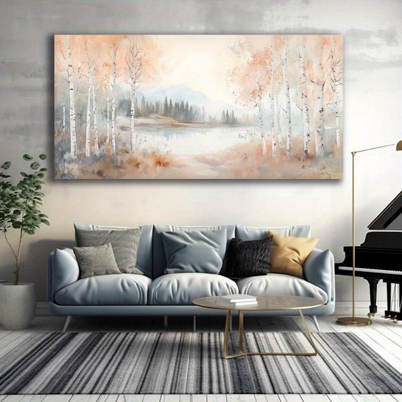 Birch Lined Lake Canvas Wall Art Painting, Frameless Canvas Wall Art Picture Living Room Printing Art Office Home Decortion