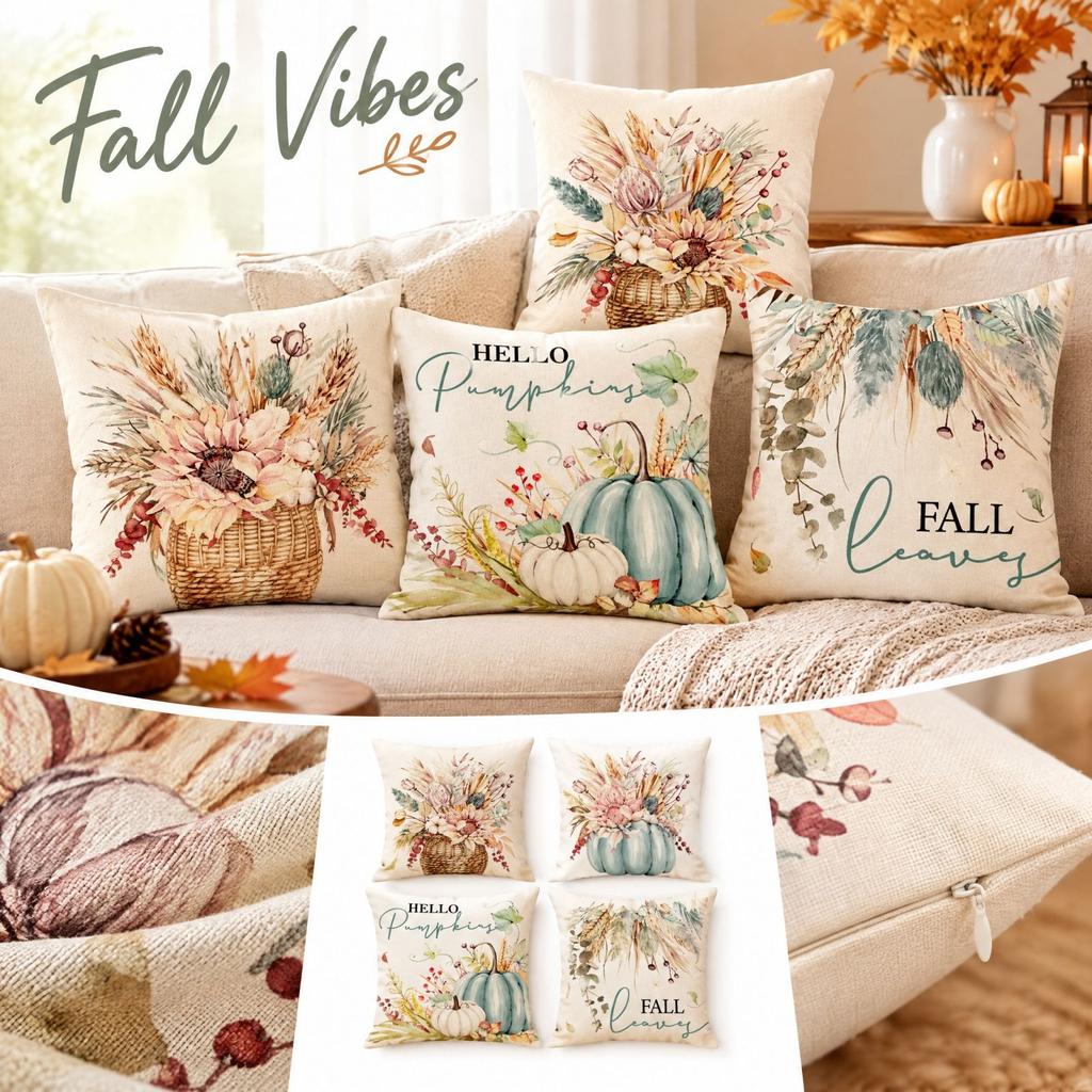Fall Thanksgiving Throw Cover Festival Pumpkin Maple Leaf Print Cushion Case for Sofa Couch Decor