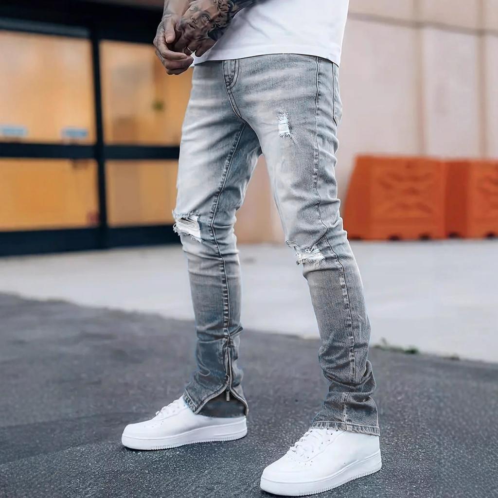 Fußoffener Reißverschluss Hohe Qualität 4 Farben Wasser-Ripped Jeans Herren Gerade Hosen