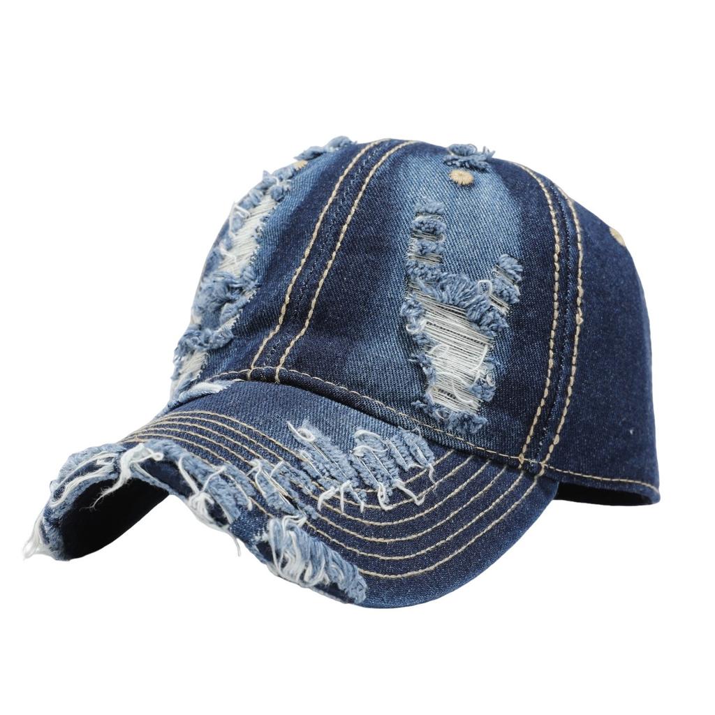 Solid Color Ripped Denim Baseball Cap Men's Big Brim Big Head Circumference Visor Soft Top Truck Driver Cap
