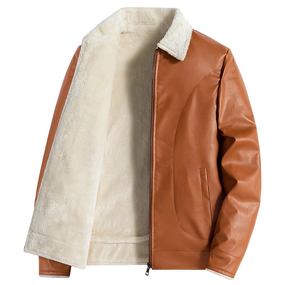 Men's Casual Jacket Autumn and Winter PU Leather Jacket Lapel Retro Leather Jacket Versatile Plush Jacket