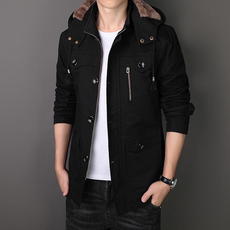Men's Mid-Length Fleece-Lined Windbreaker: Warm Thick Cotton-Padded Hooded Jacket for Autumn & Winter