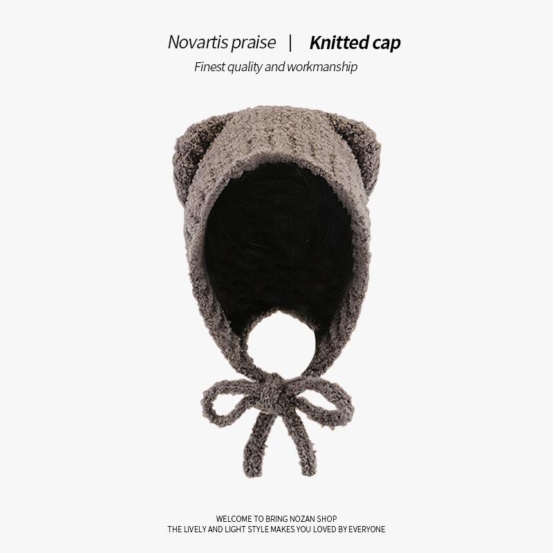 Bear Ears Hat for Women Autumn and Winter Cartoon Cute Ear Protection Hat Warm Pullover Woolen Hat Japanese Versatile Knitted Hat
