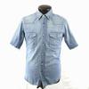 USED/Japan Blue Blue Short Sleeve Chambray Shirt Men 1 S Light Blue Logo Embroidery Chest Pocket