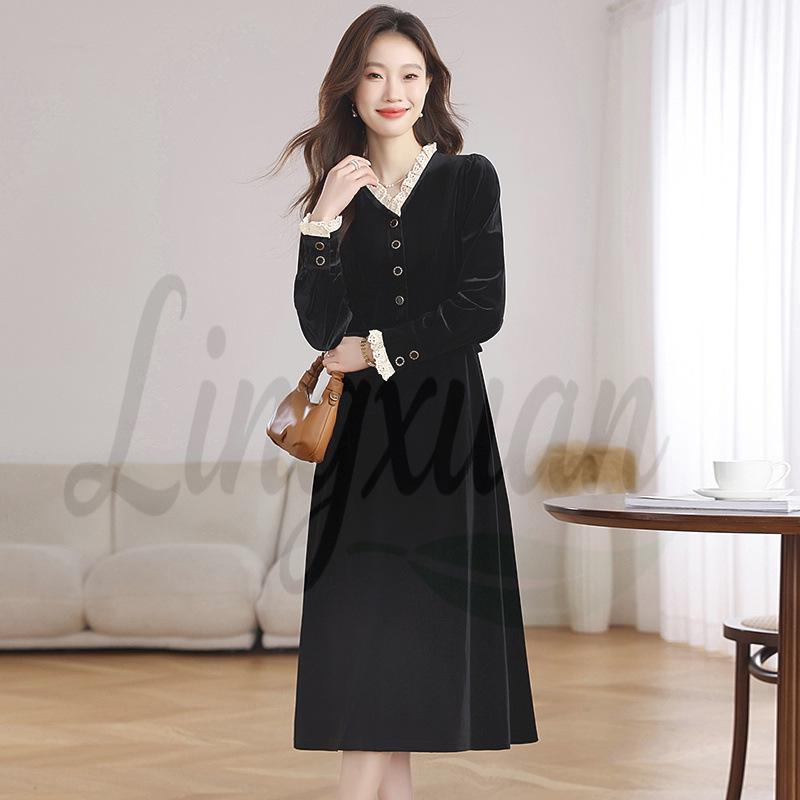 Hepburn-Style Velvet Black Dress: French Retro, Slim-Fit, Long-Sleeve, Waist-Cinching, Women s Autumn/Winter. M чёрный