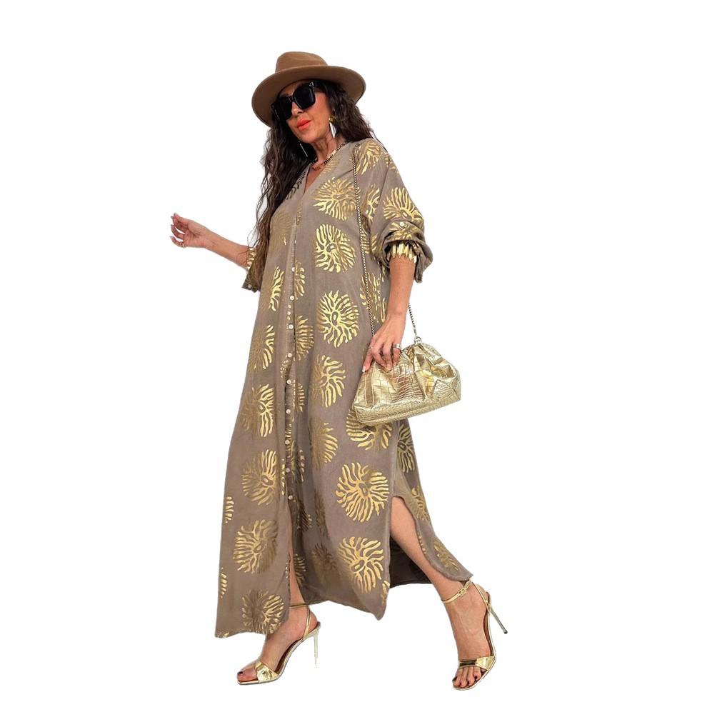 New Women's Lapel Printed and Gold-embossed Loose, Casual Long-sleeved Plum-sized Dress