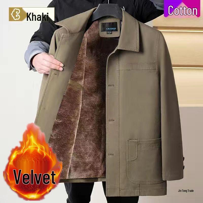 Men's Mid-Aged Full Fleece Jacket - Spring/Autumn Lapel Button Outerwear, Dad's Style Top, Grandpa's Clothing.