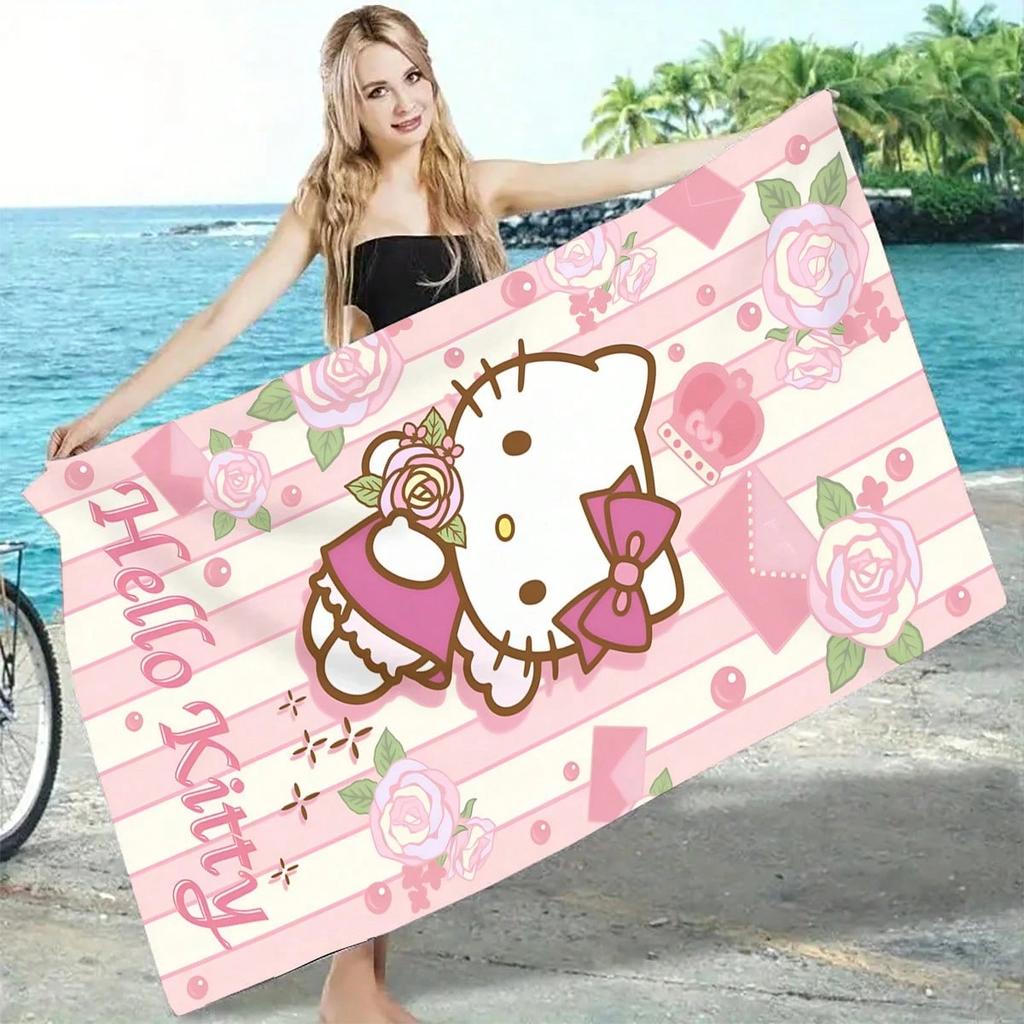Hello Kitty Floral Stripe Beach Towel Single Sided 2D Print Cute Towel Home Bathroom Pool Beach Vacation Decor Summer Essentials